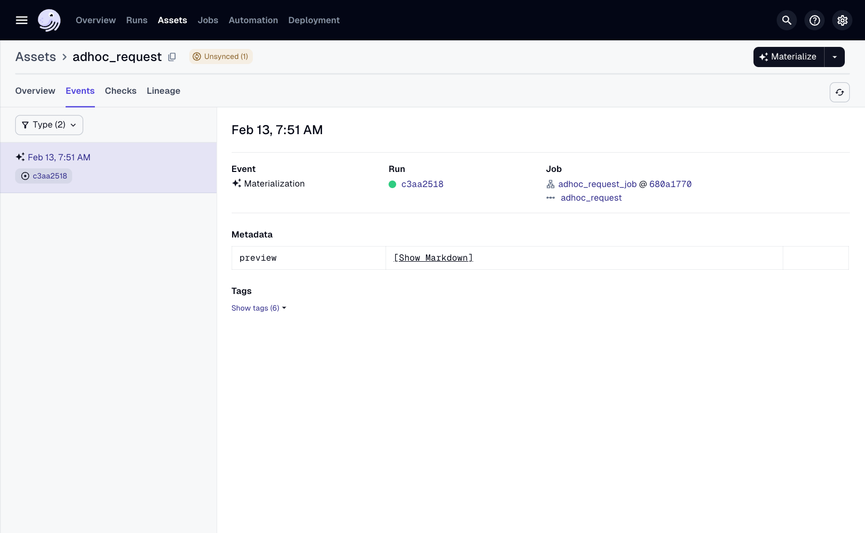 The adhoc_request asset in the Asset Catalog page in the Dagster UI
