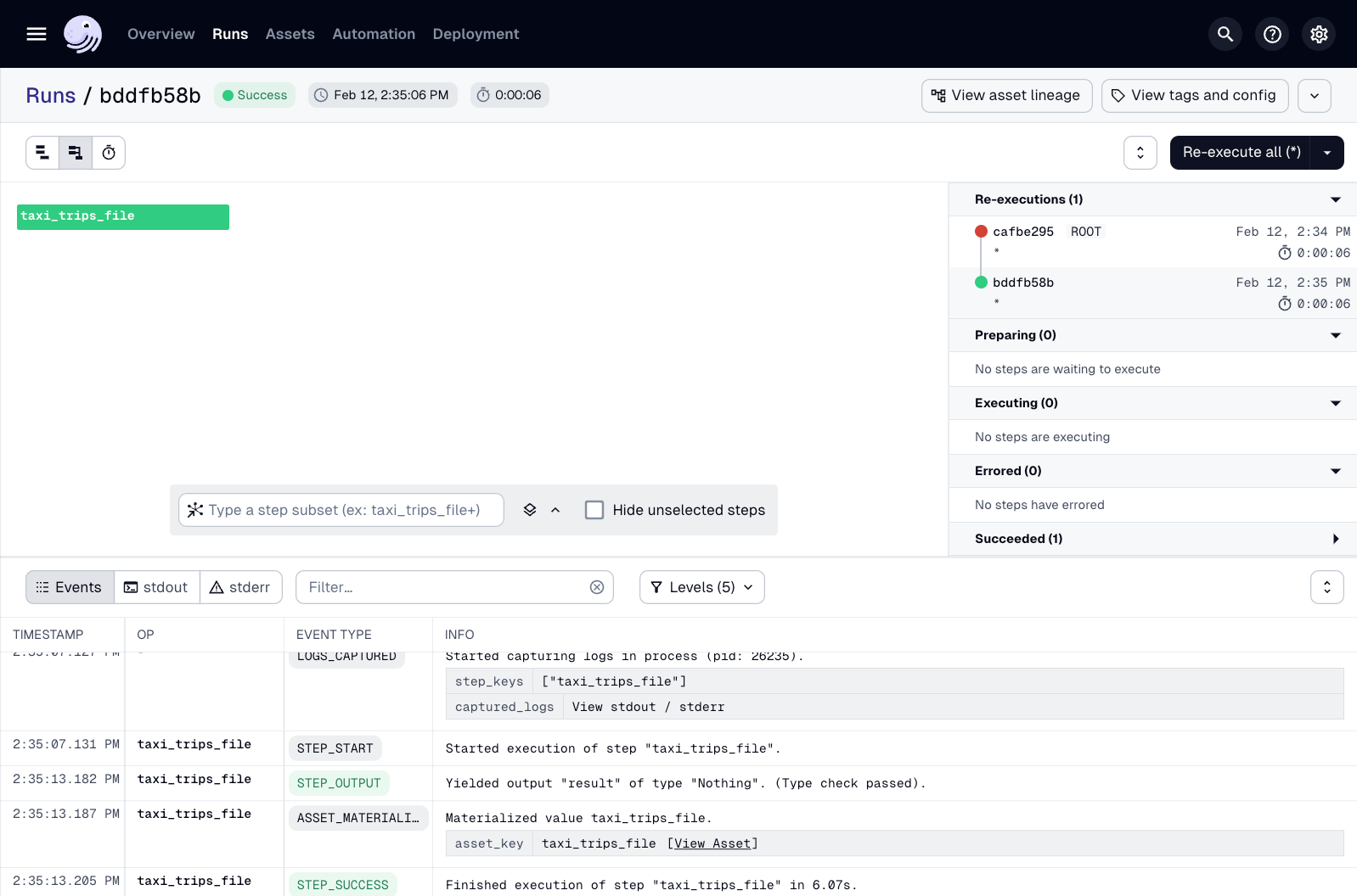 Successful run details page after the re-execution