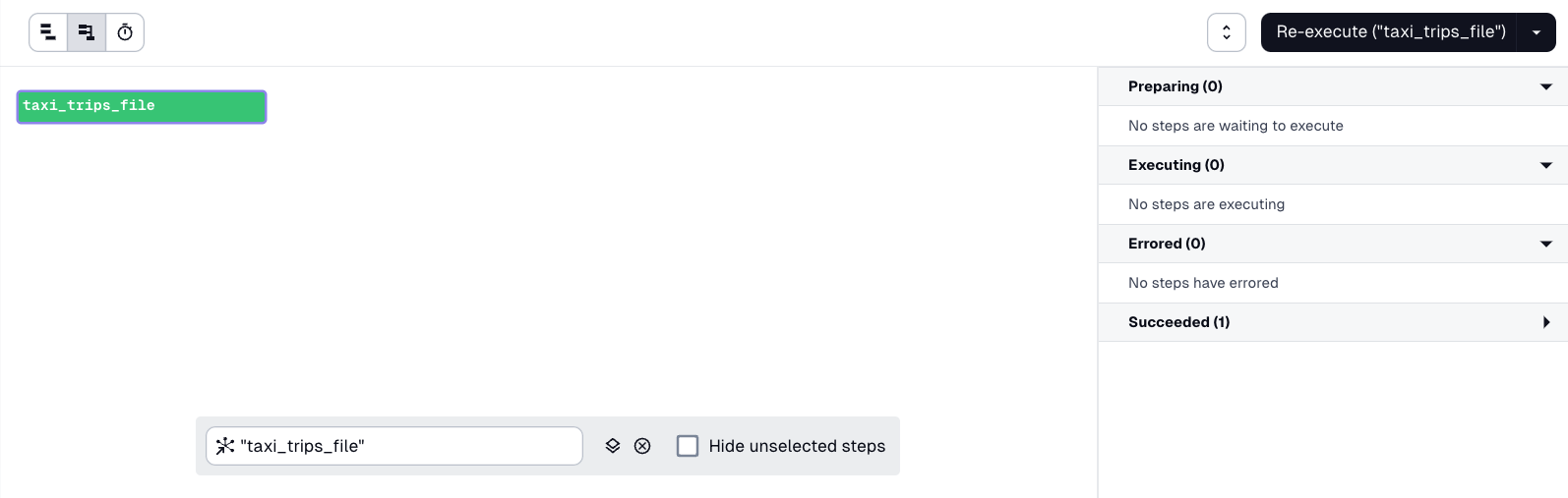 The Run timeline in the Run details page, showing the taxi_trips_file step executed successfully