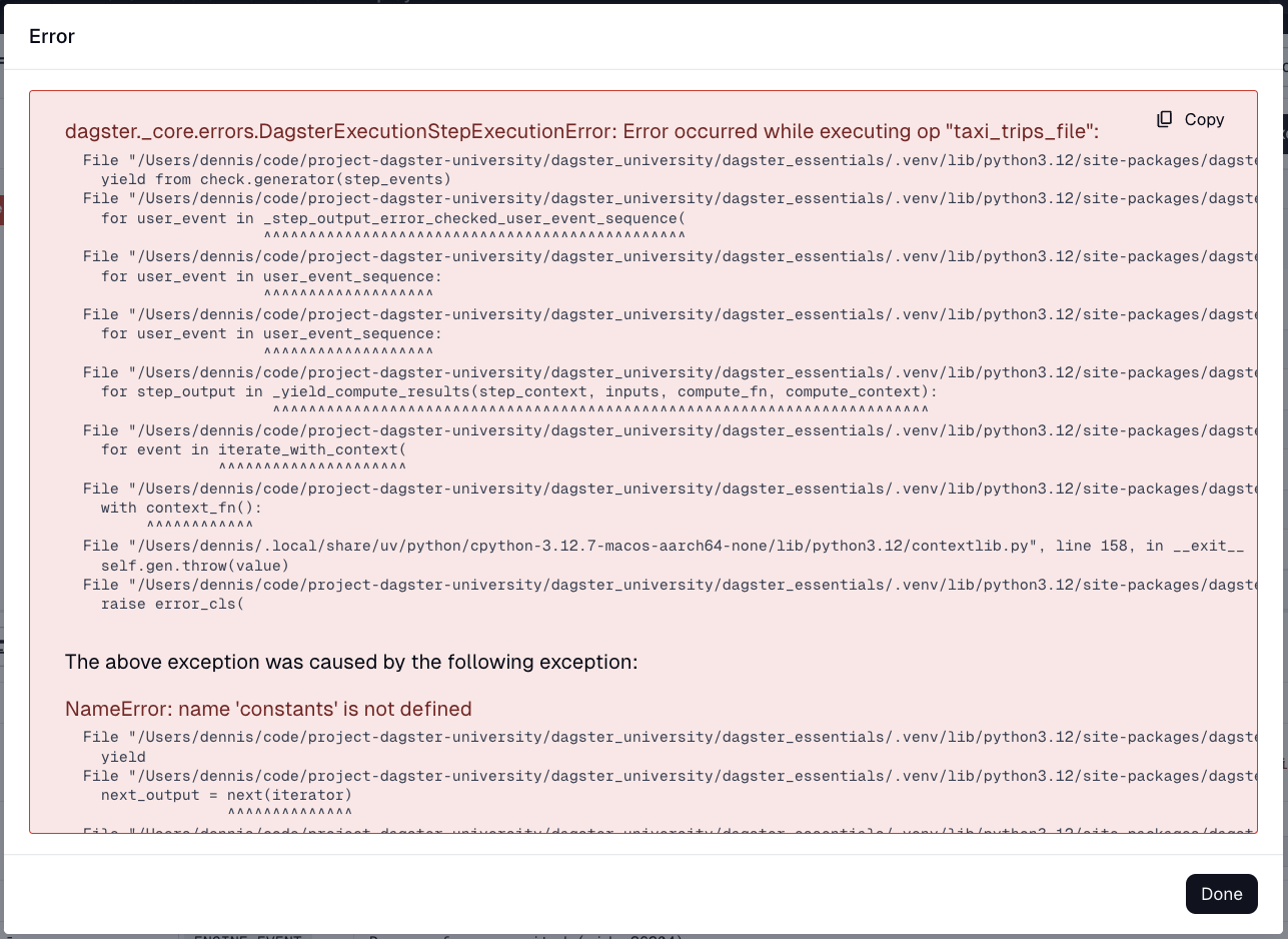 Full stacktrace error displayed in the Dagster UI after clicking  View full message in the Run logs