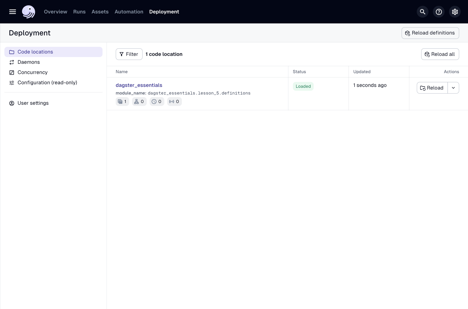 The Code locations tab in the Dagster UI, showing the project's dagster_essentials code location