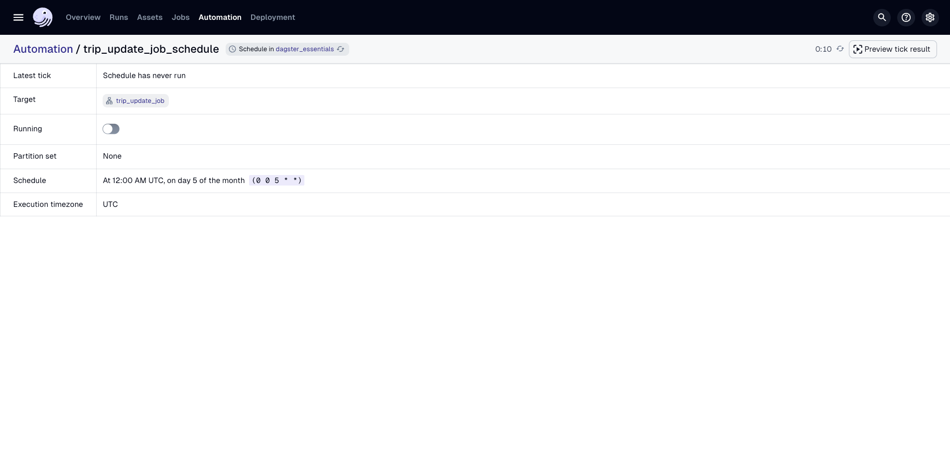 The Schedule details page in the Dagster UI