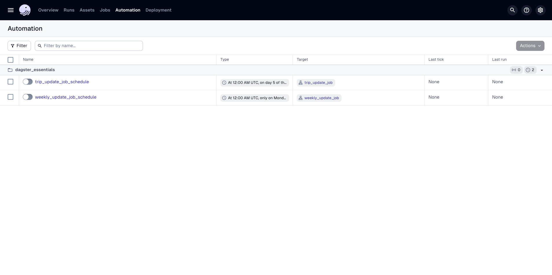 The Schedules tab in the Dagster UI