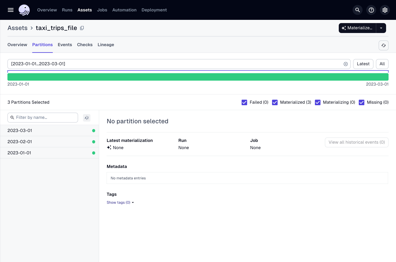 The Asset partition details page in the Dagster UI