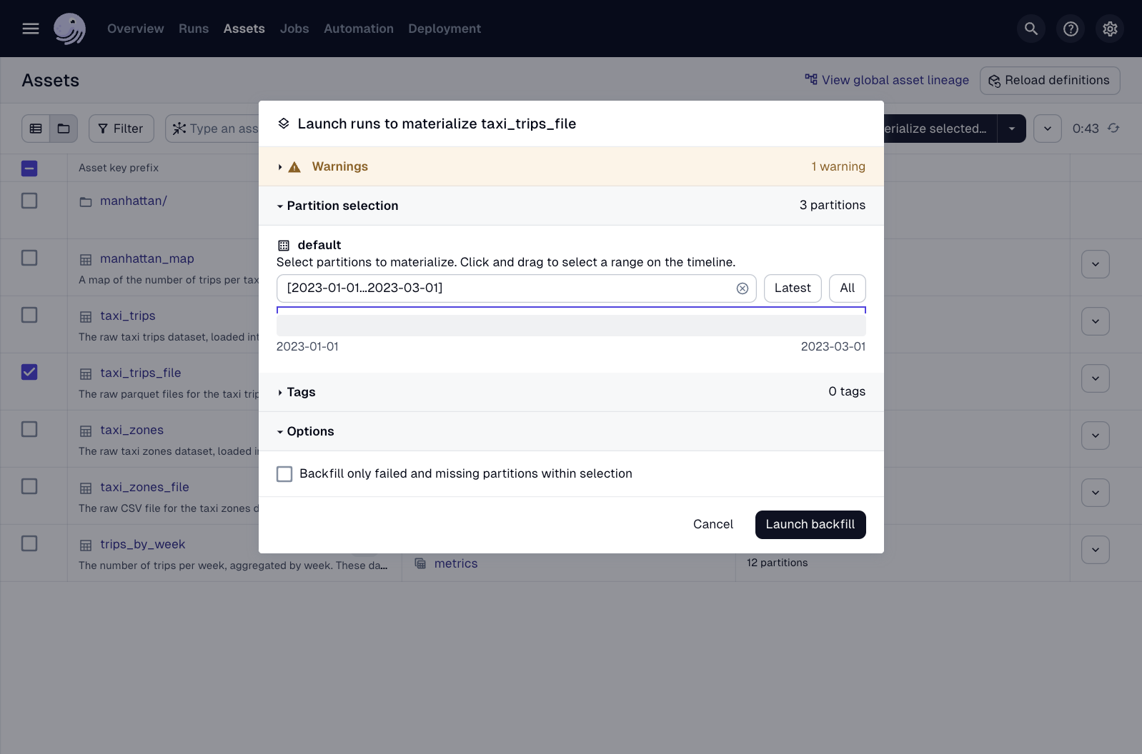 A popup displaying an asset's partition information in the Dagster UI