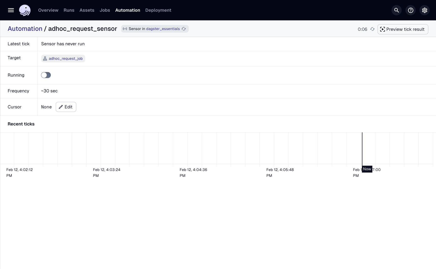 The Sensor details tab in the Dagster UI