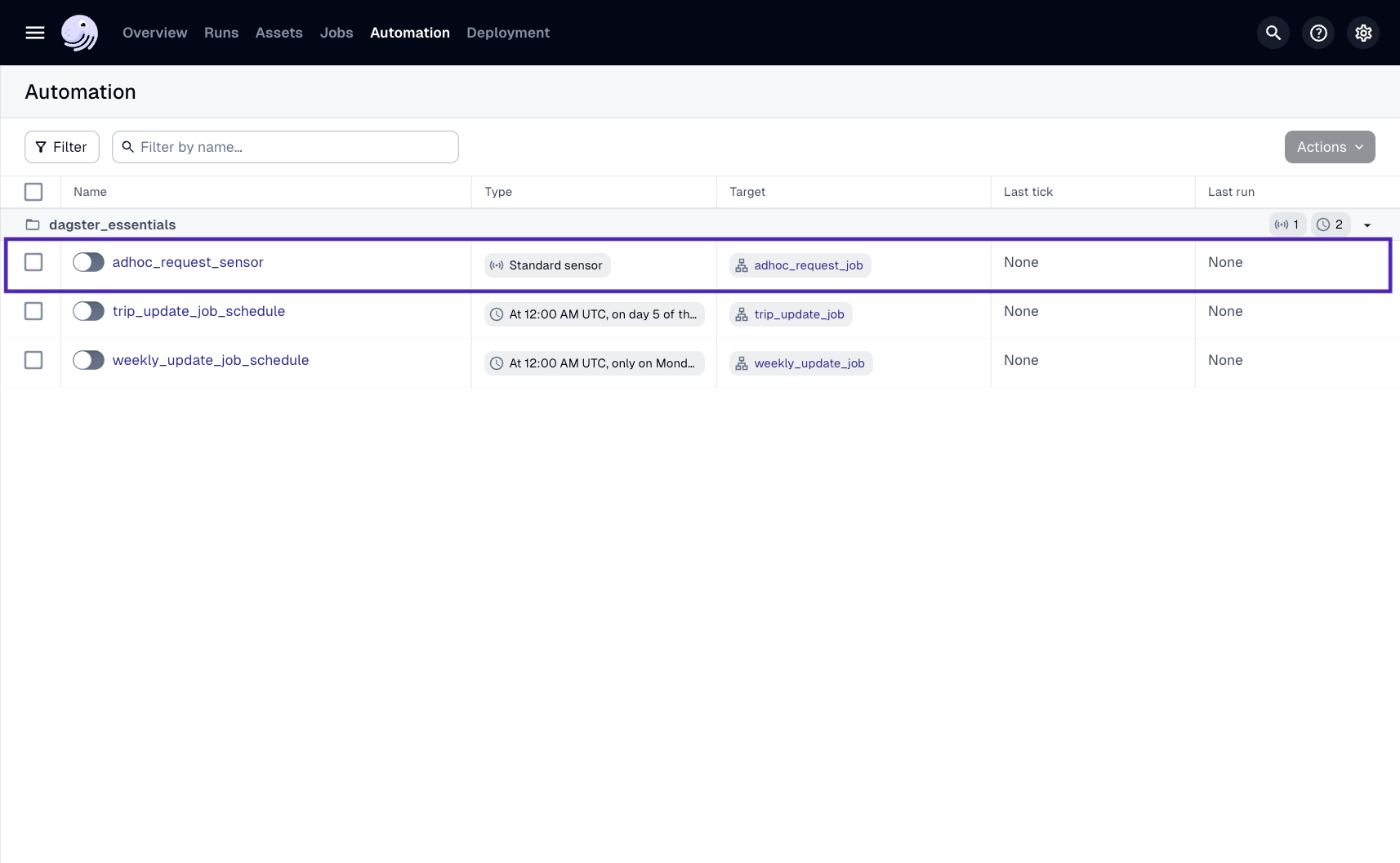 The Sensors tab in the Dagster UI
