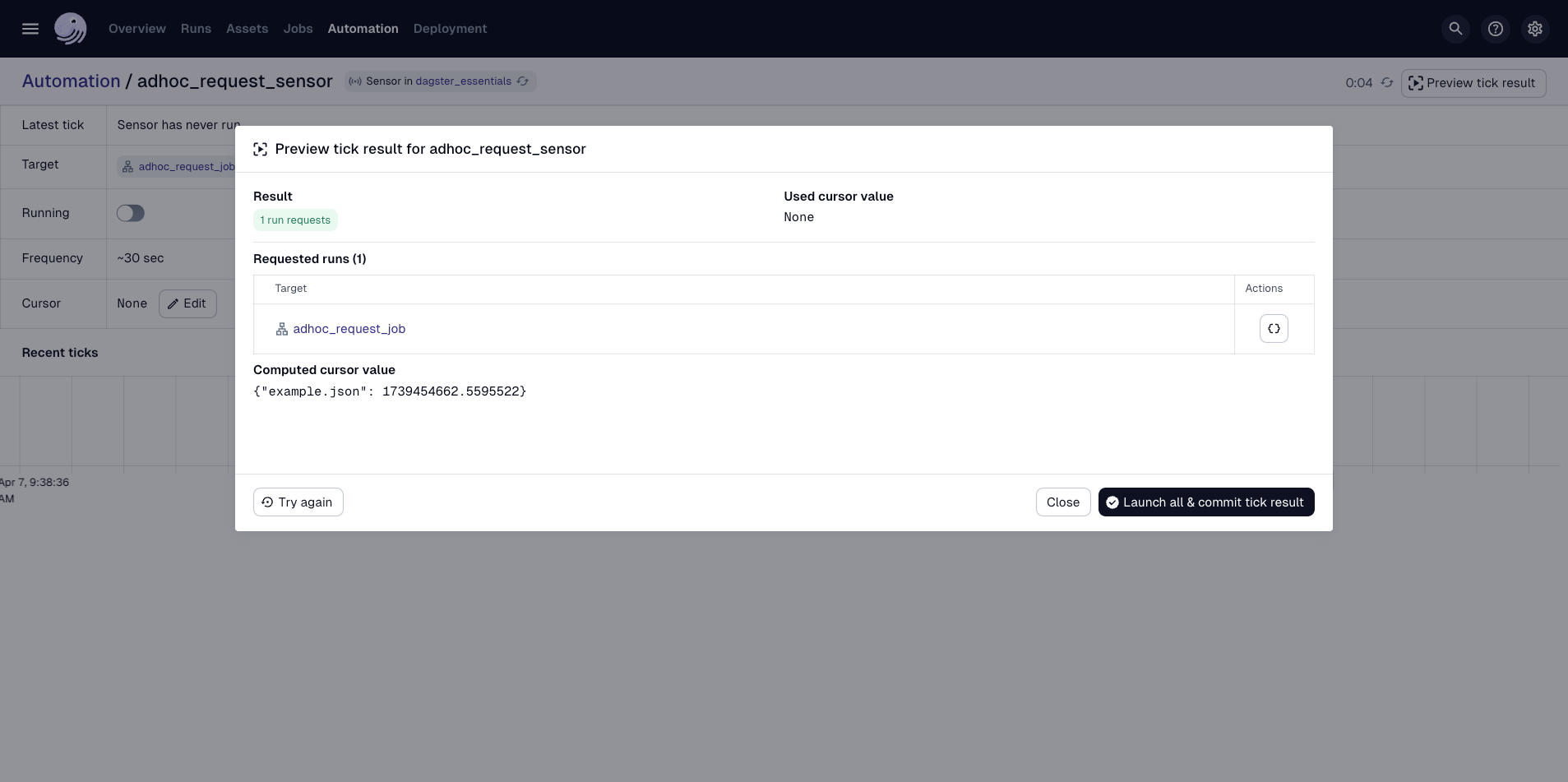 The Test Sensor dialog in the Dagster UI